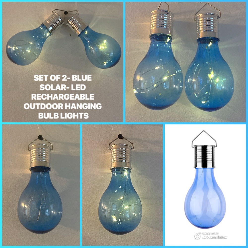 NWT- SET of 2- SOLAR - LED- RECHARGEABLE OUTDOOR HANGING BULB LIGHTS